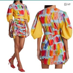 Rhode Pia Mini Dress Puff-Sleeve Brush‎ Strokes Multicolor Water Small XS